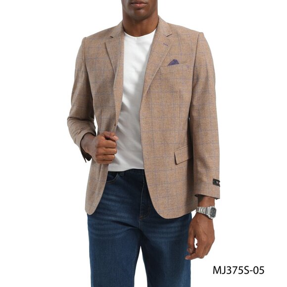 Light Brown Windowpane Notch Lapel Slim Fit Tazzio Men's Jacket - Picture 3 of 3